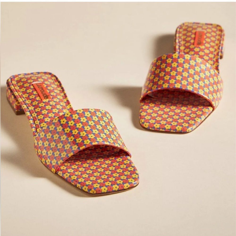 Larroude Multicolor Floral Slide Sandals in Pink, Yellow, Blue